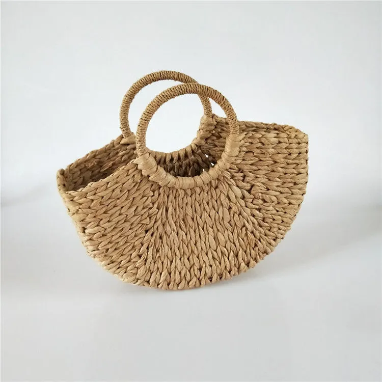 Women's rattan woven half-round handbag with open top, 39cm wide mouth, in khaki colour