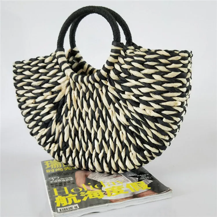 Women's rattan woven half-round handbag with open top, 39cm wide mouth, in khaki colour