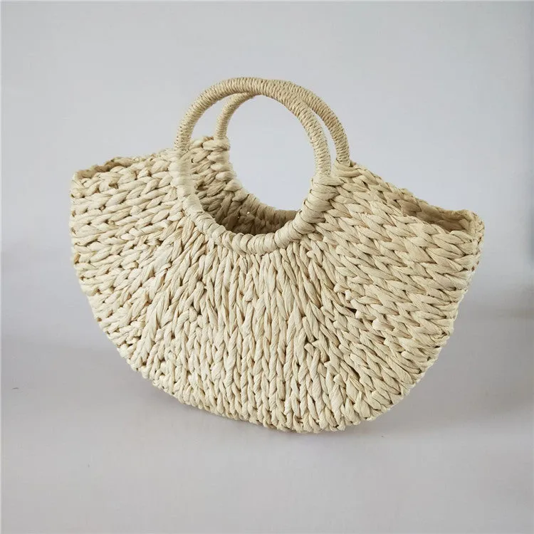 Women's rattan woven half-round handbag with open top, 39cm wide mouth, in khaki colour