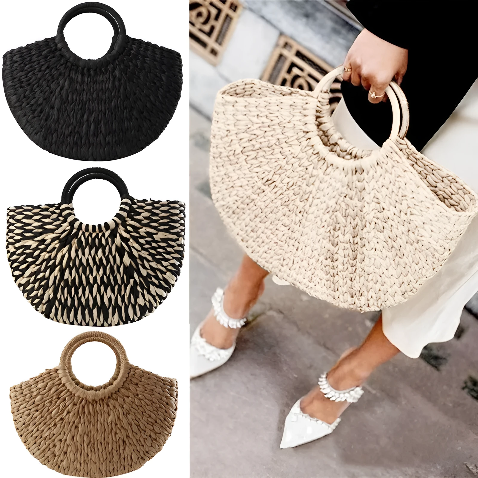 Women's rattan woven half-round handbag with open top, 39cm wide mouth, in khaki colour