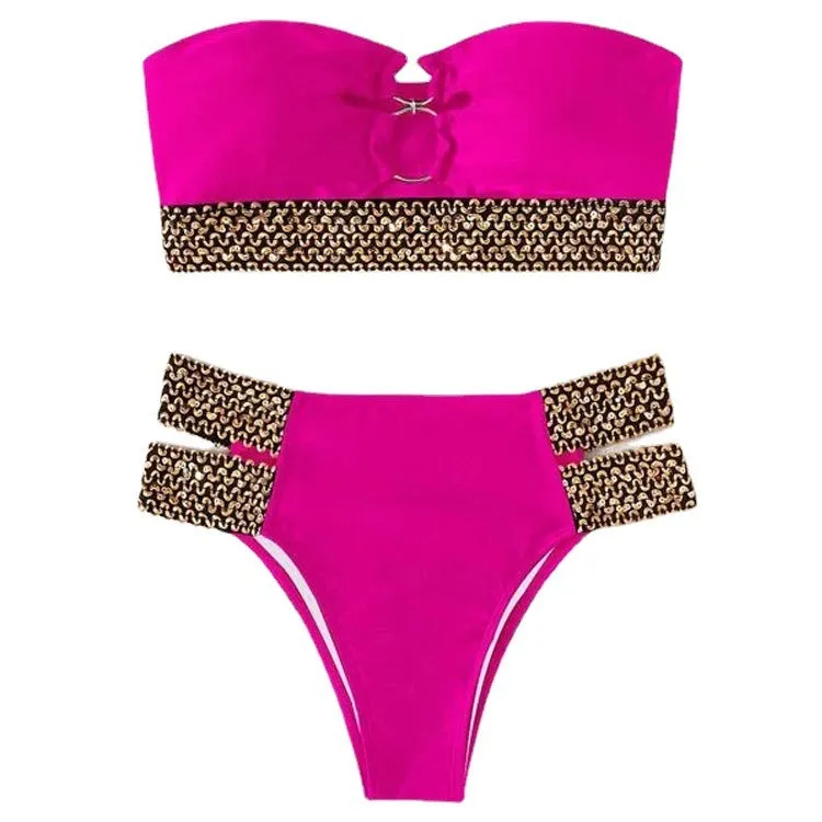 Hollow beach bikini split swimsuit with chest pad in black, nylon fabric, front view