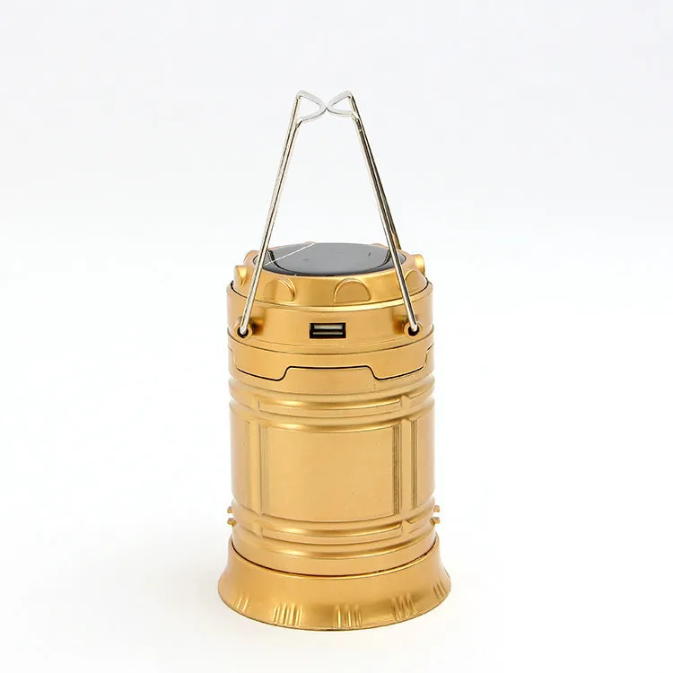 6 LED solar camping lantern with white light, two stainless steel hooks, and lightweight plastic body in black