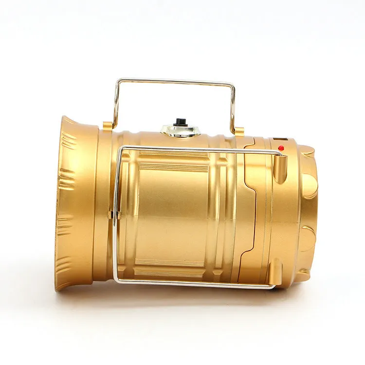 6 LED solar camping lantern with white light, two stainless steel hooks, and lightweight plastic body in black