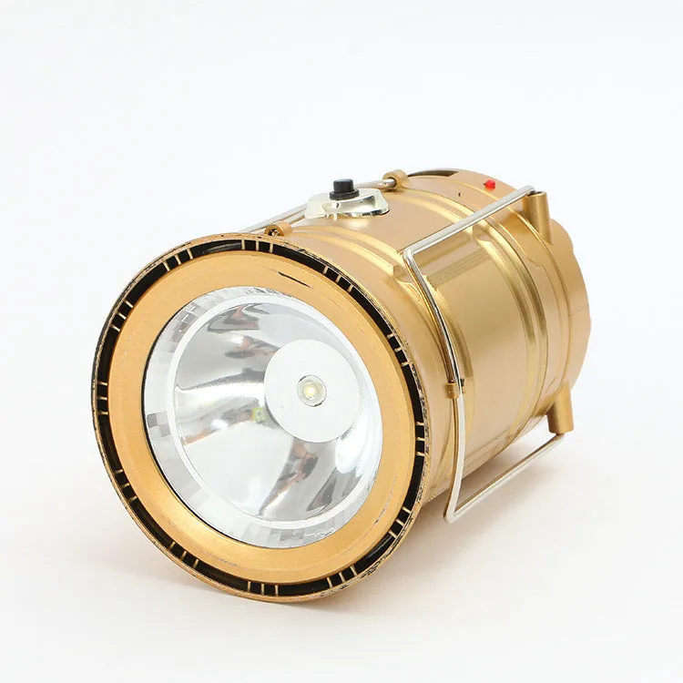 6 LED solar camping lantern with white light, two stainless steel hooks, and lightweight plastic body in black