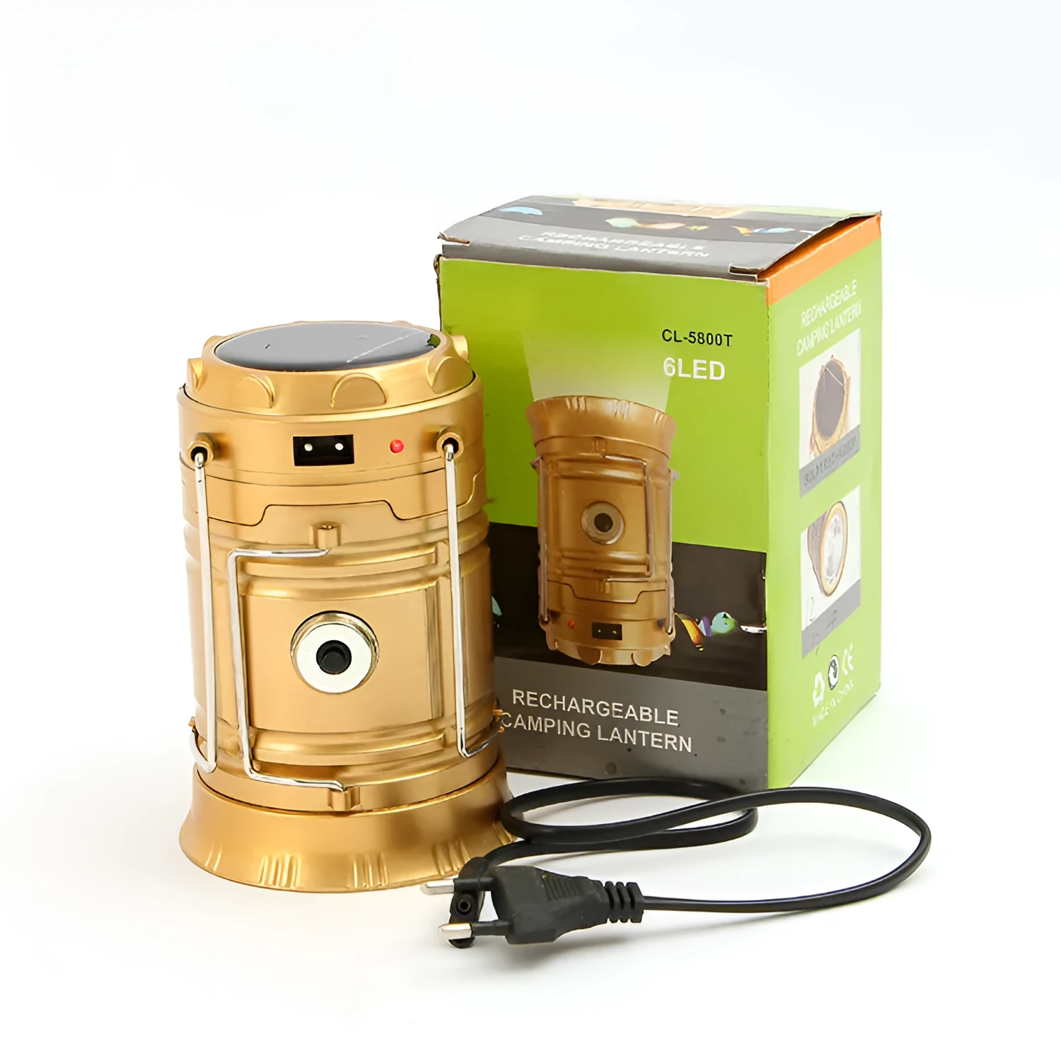 6 LED solar camping lantern with white light, two stainless steel hooks, and lightweight plastic body in black