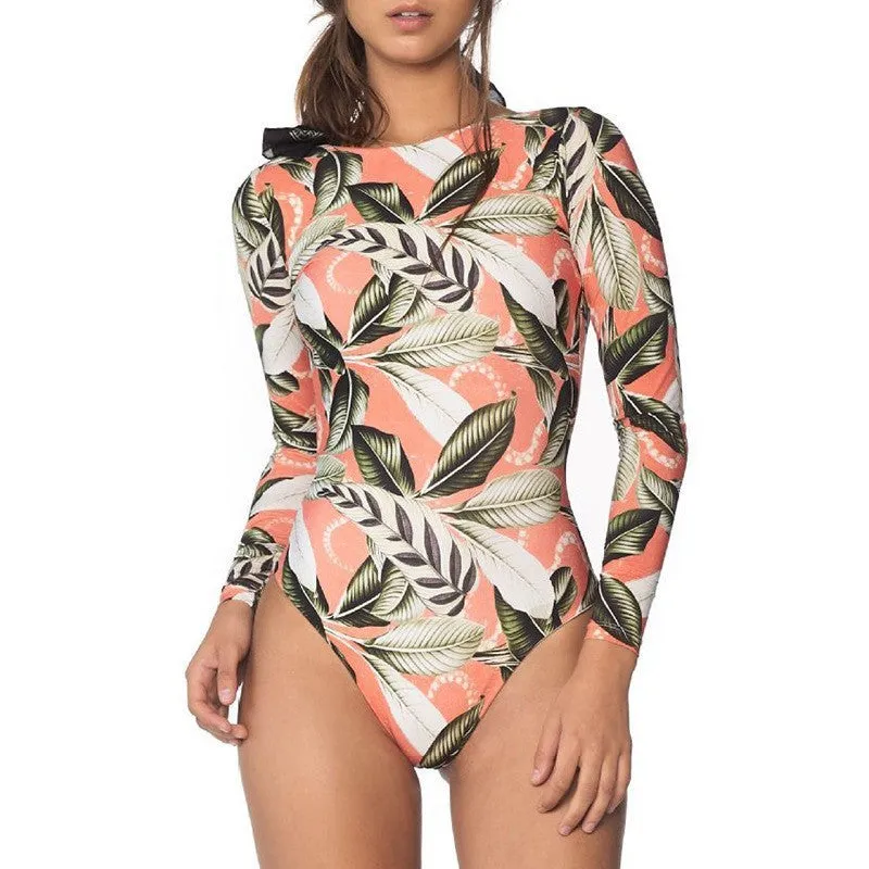Women's backless one-piece swimsuit with leaf print floral pattern in polyester fabric
