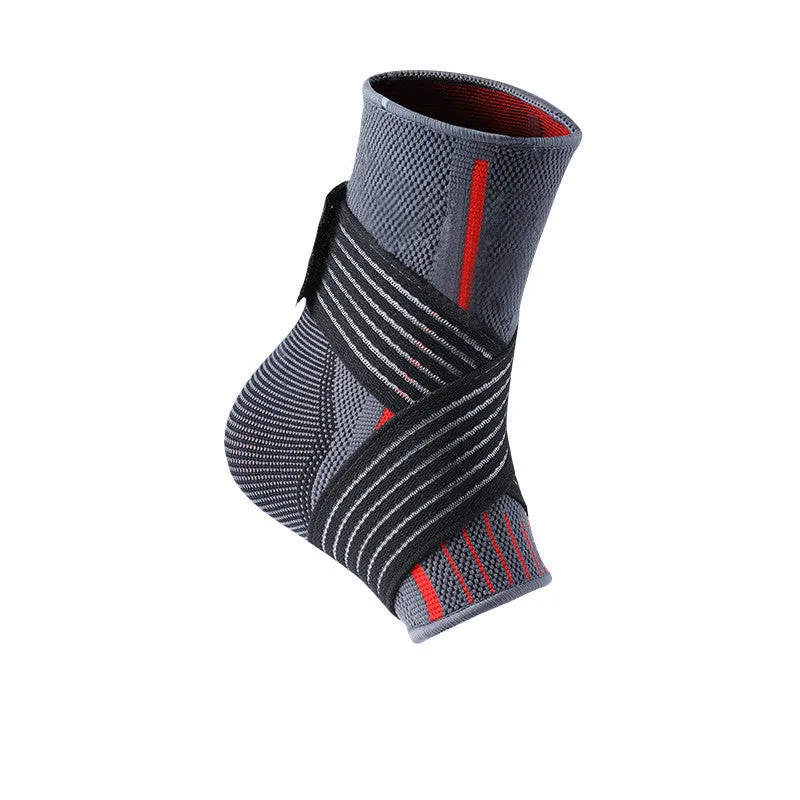Red nylon ankle support brace with adjustable straps and 3D braiding for sprain protection