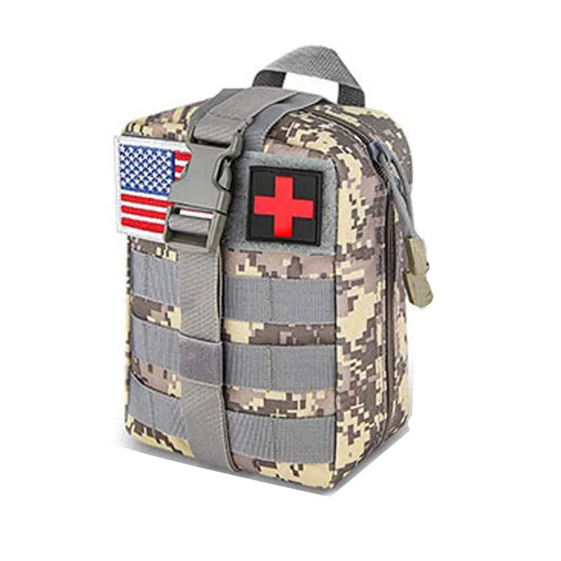 Standby self-defense first aid kit in black Oxford cloth bag with 42 survival and medical items displayed