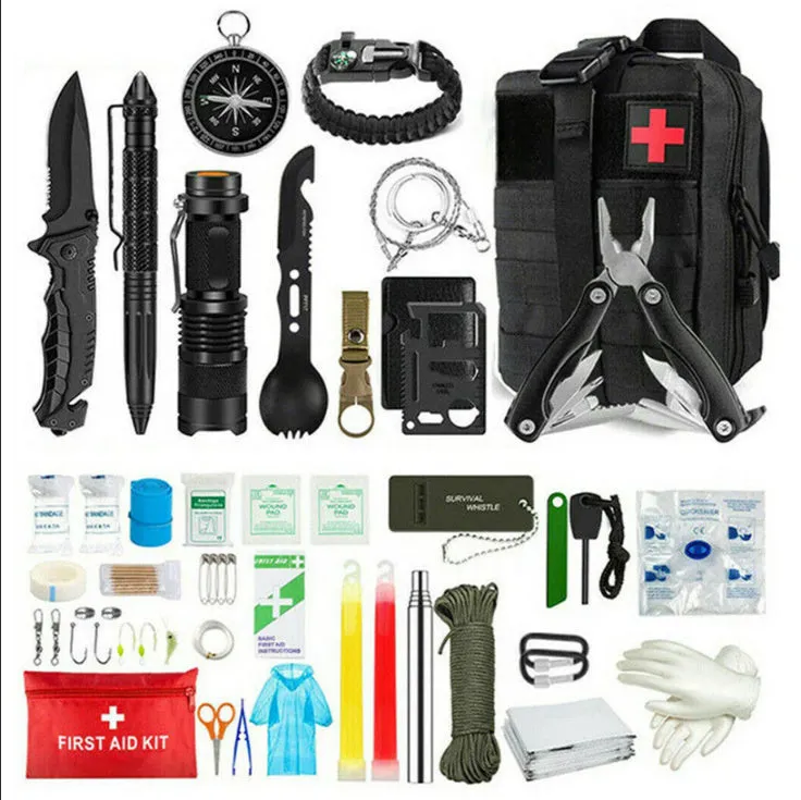 Standby self-defense first aid kit in black Oxford cloth bag with 42 survival and medical items displayed