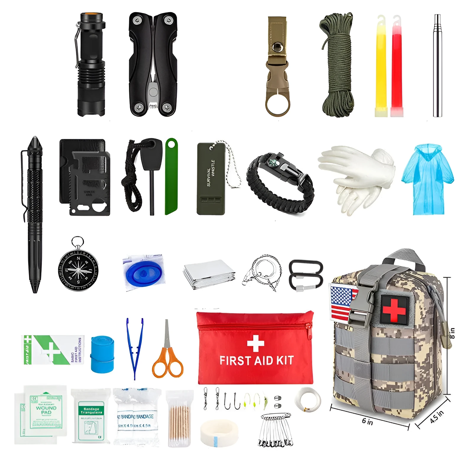 Standby self-defense first aid kit in black Oxford cloth bag with 42 survival and medical items displayed
