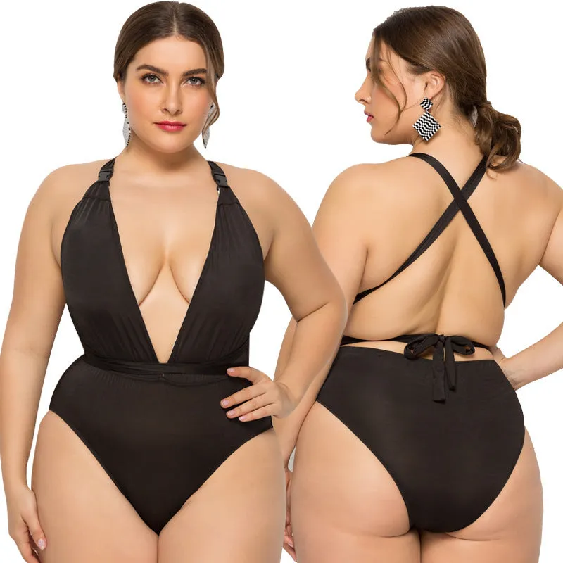 Plus size women's black one-piece backless swimsuit with high elasticity fabric and chest pads
