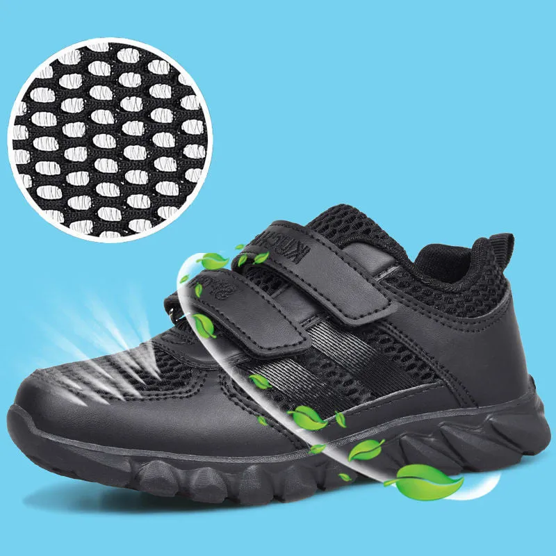 Boys' black waterproof sports shoes with mesh upper and round toe design on light background