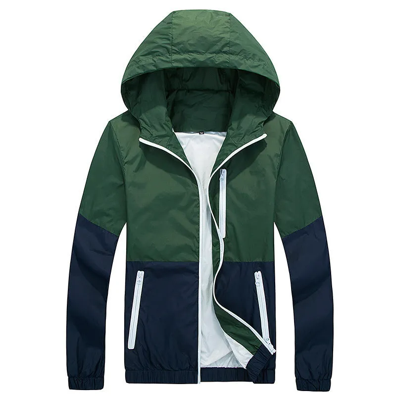 Men's thin hooded polyester trench jacket in army green, side view showing lightweight fabric and zip closure