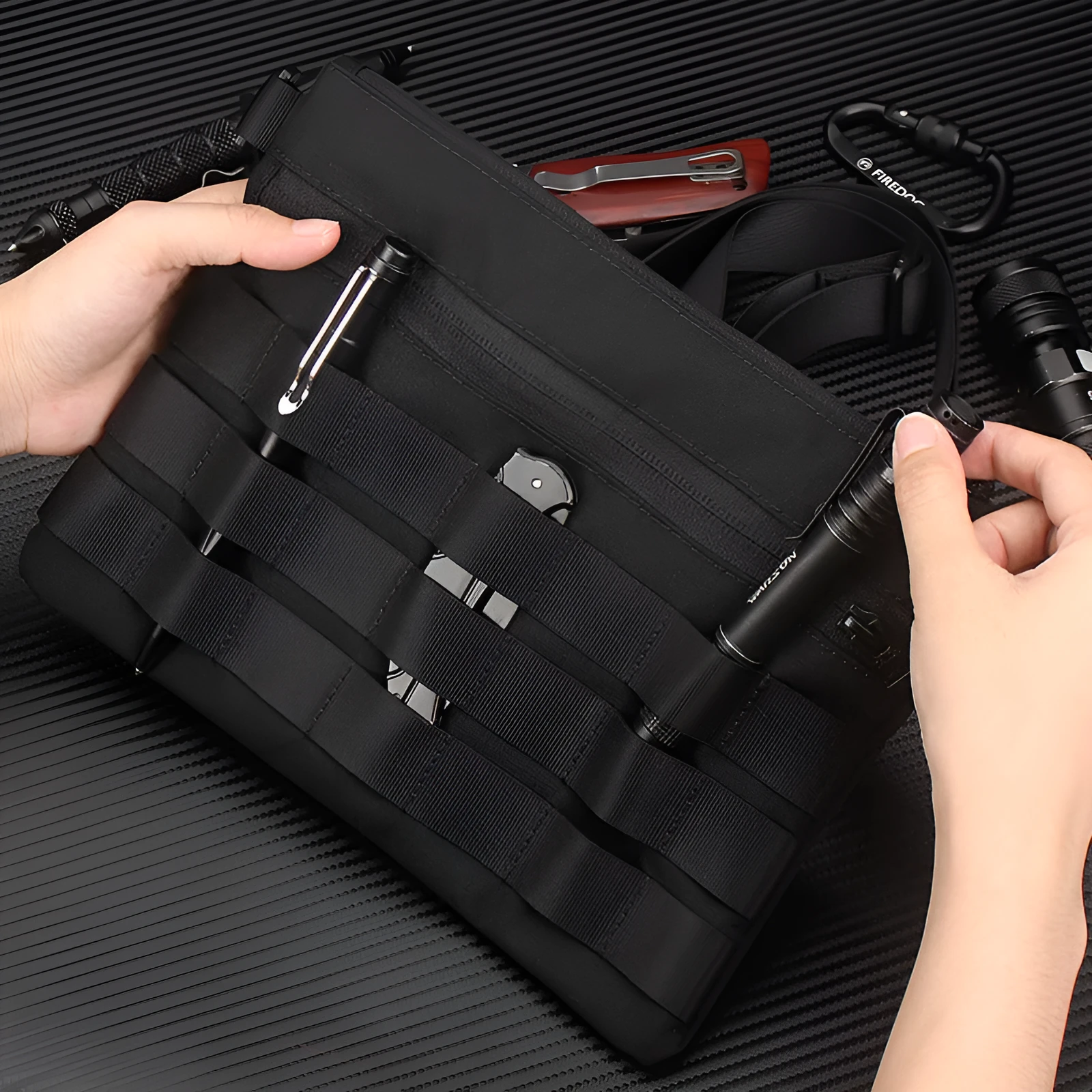 Black Oxford cloth portable outdoor tactical pouch measuring 18cm by 3.5cm