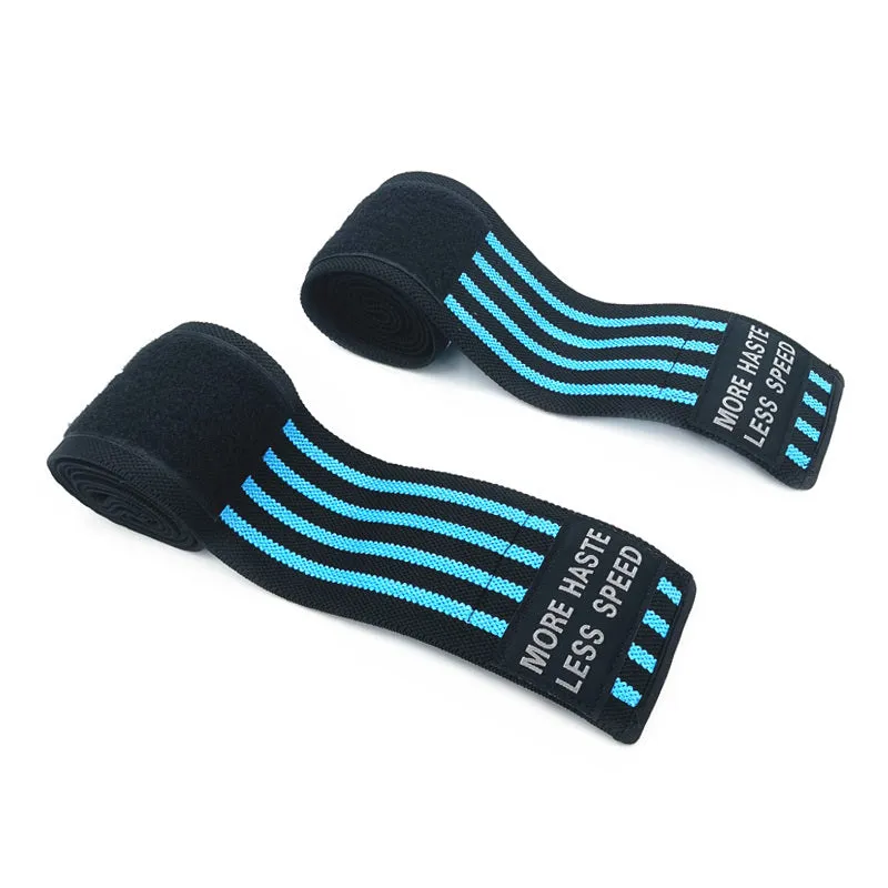 Weightlifting strength wristband in blue nylon with adjustable strap on gym floor