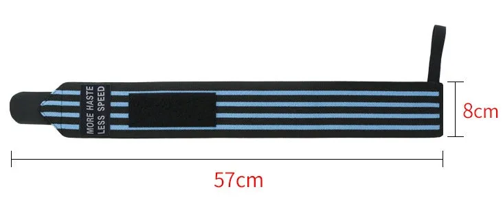 Weightlifting strength wristband in blue nylon with adjustable strap on gym floor