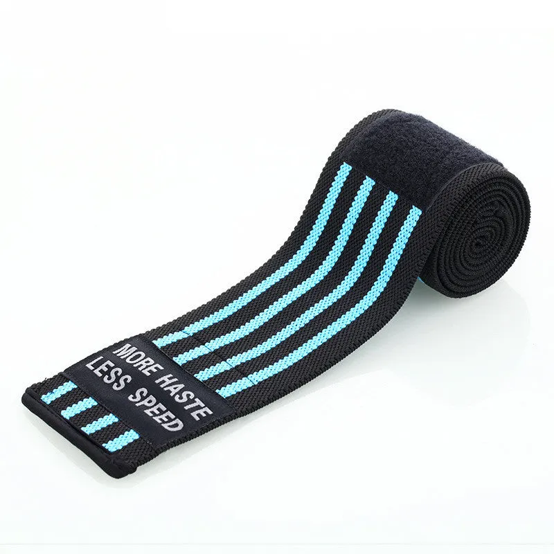 Weightlifting strength wristband in blue nylon with adjustable strap on gym floor