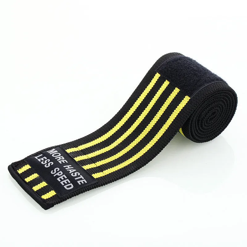 Weightlifting strength wristband in blue nylon with adjustable strap on gym floor