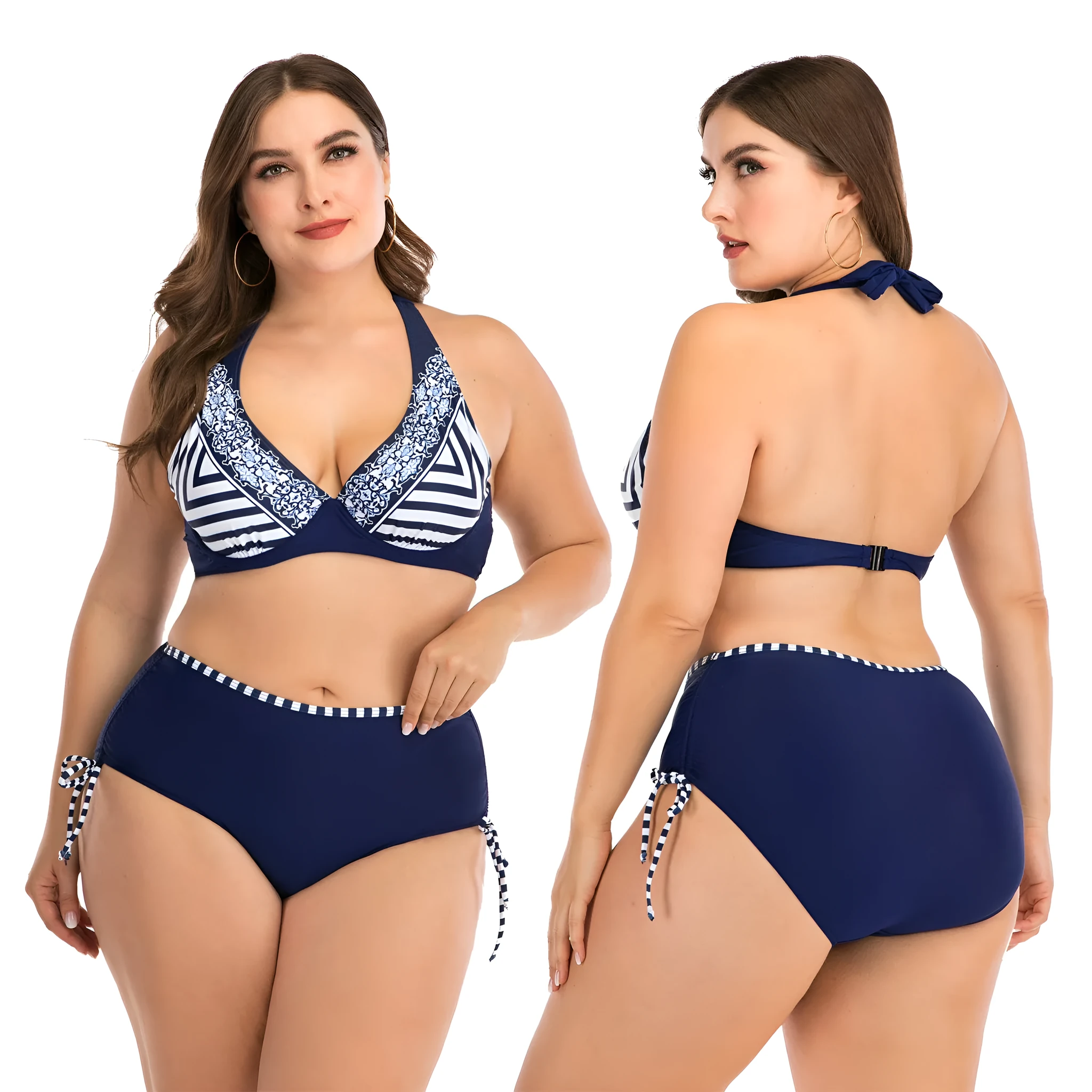 Plus size striped bikini in dark blue with high elasticity quick-dry fabric for women sizes L to 4XL