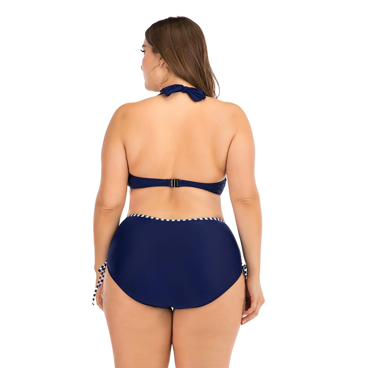 Plus size striped bikini in dark blue with high elasticity quick-dry fabric for women sizes L to 4XL
