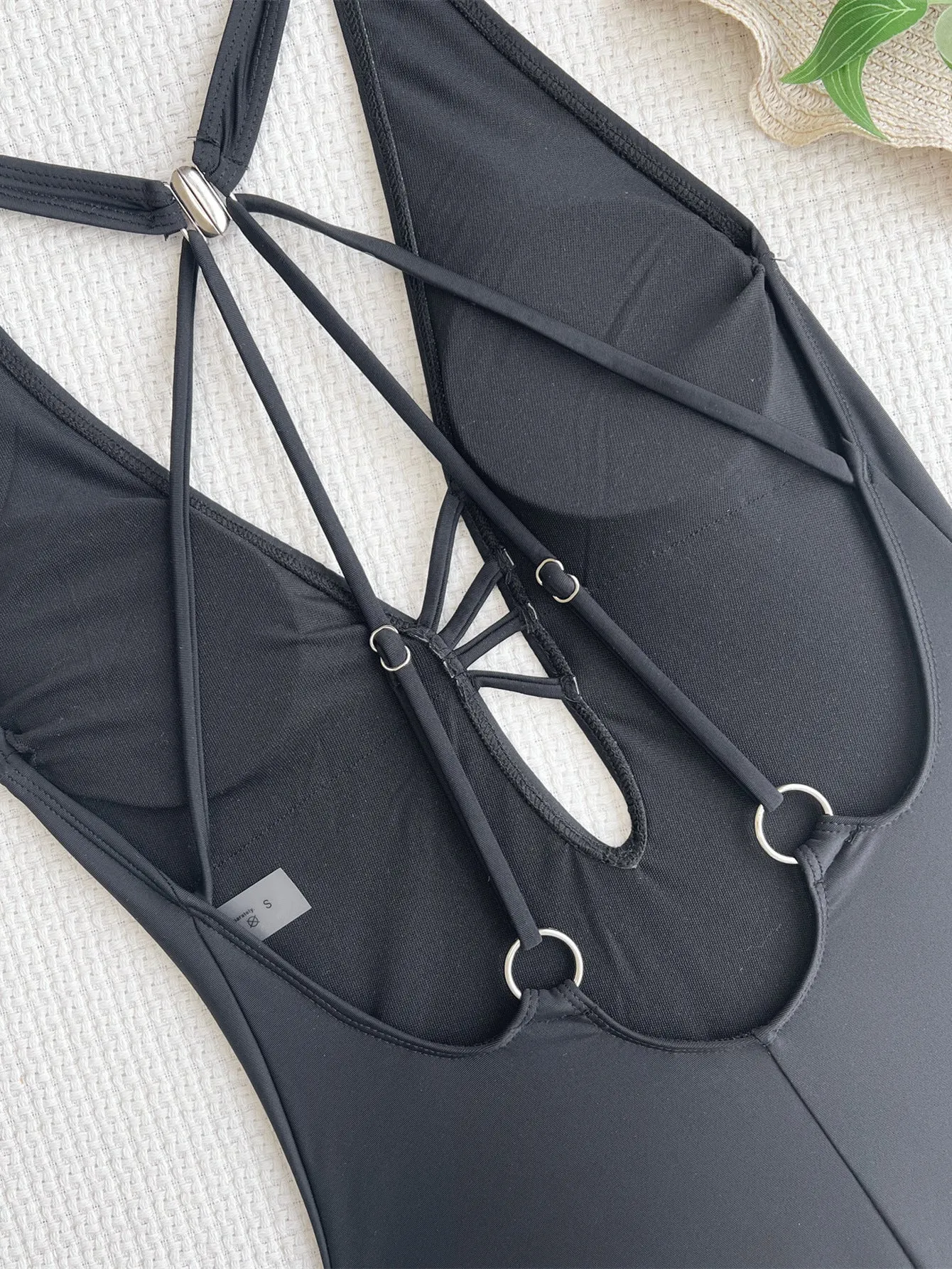 Black solid colour one-piece nylon bikini swimsuit for ladies in Asian sizes