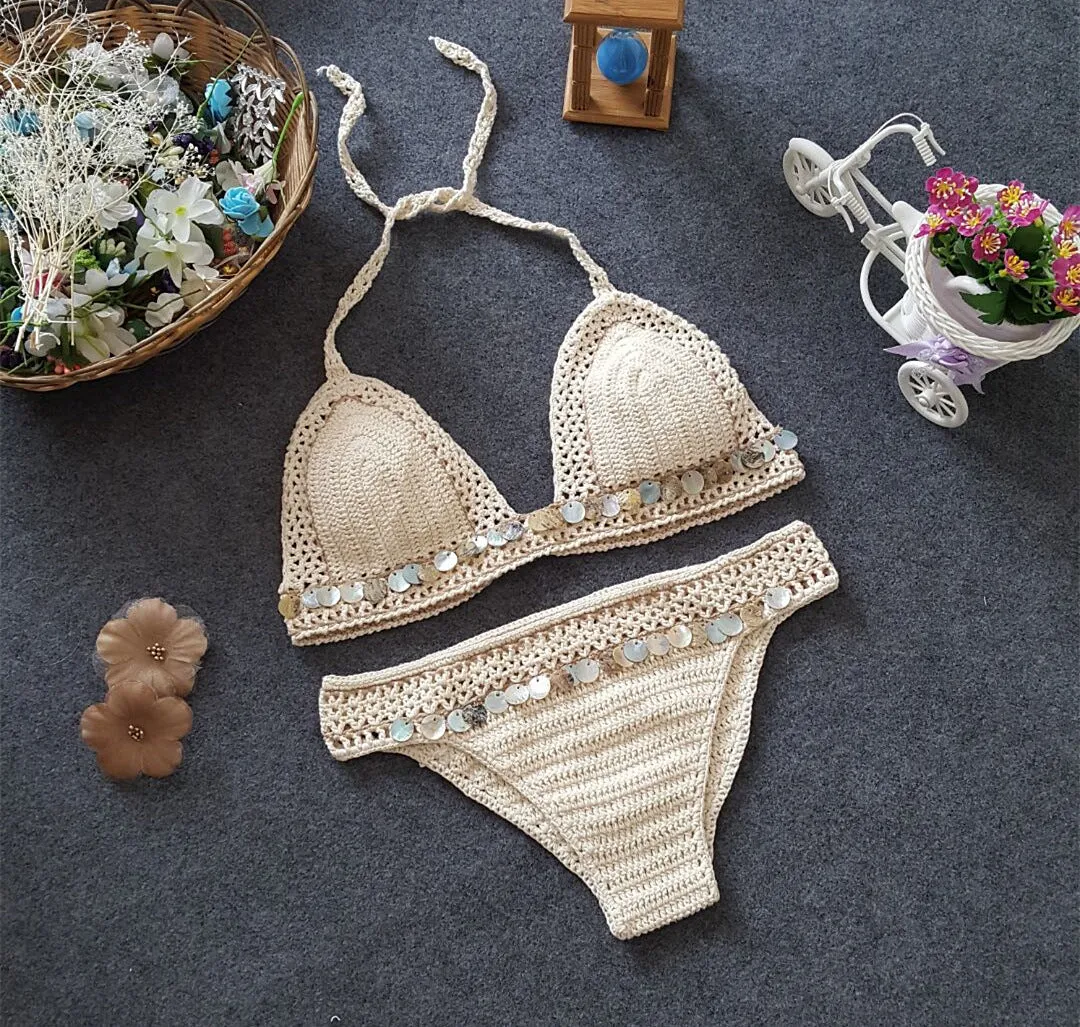 Hand-knitted brown shell design bikini set with split cut for women's beachwear