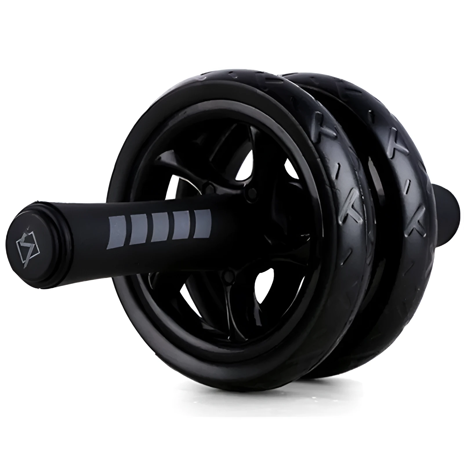 Black silent two-wheel abdominal roller with foam handles on a white background