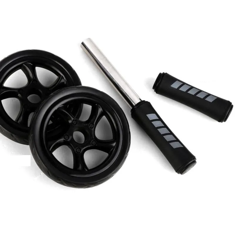 Black silent two-wheel abdominal roller with foam handles on a white background