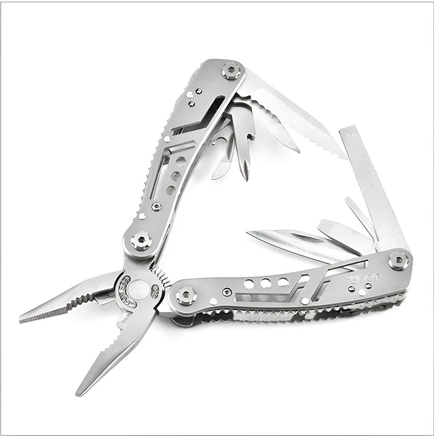 Silver multifunctional folding pliers tool with knife and bottle opener functions for camping outdoor use