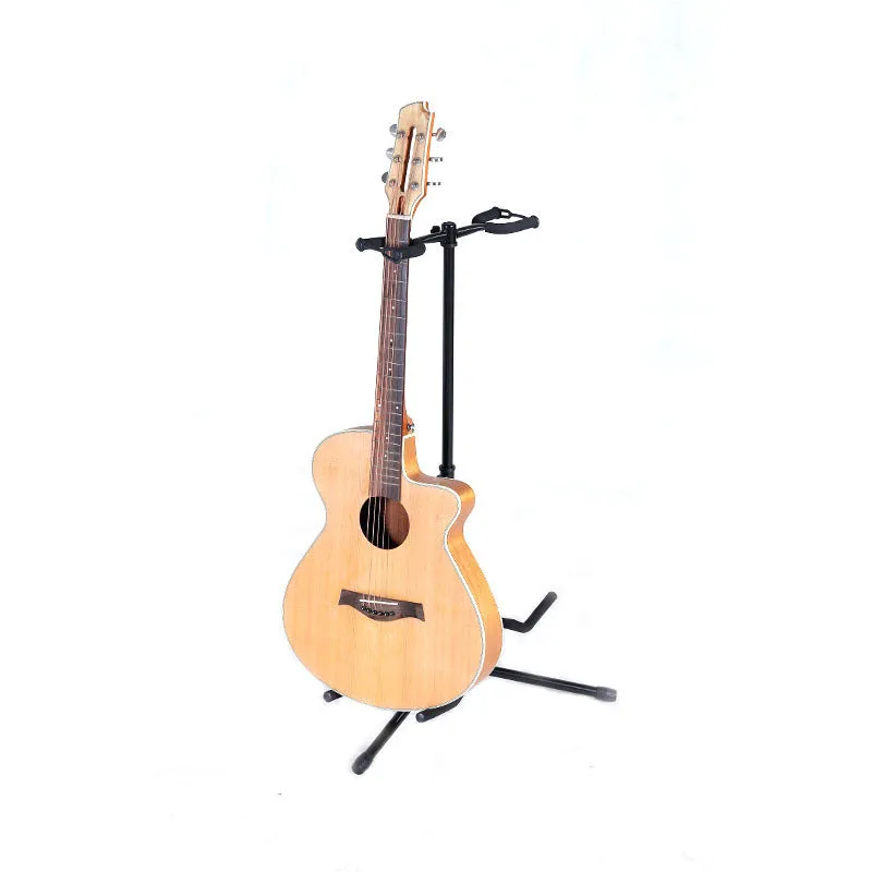 Black vertical double-headed adjustable guitar stand showing iron construction and height adjustment mechanism