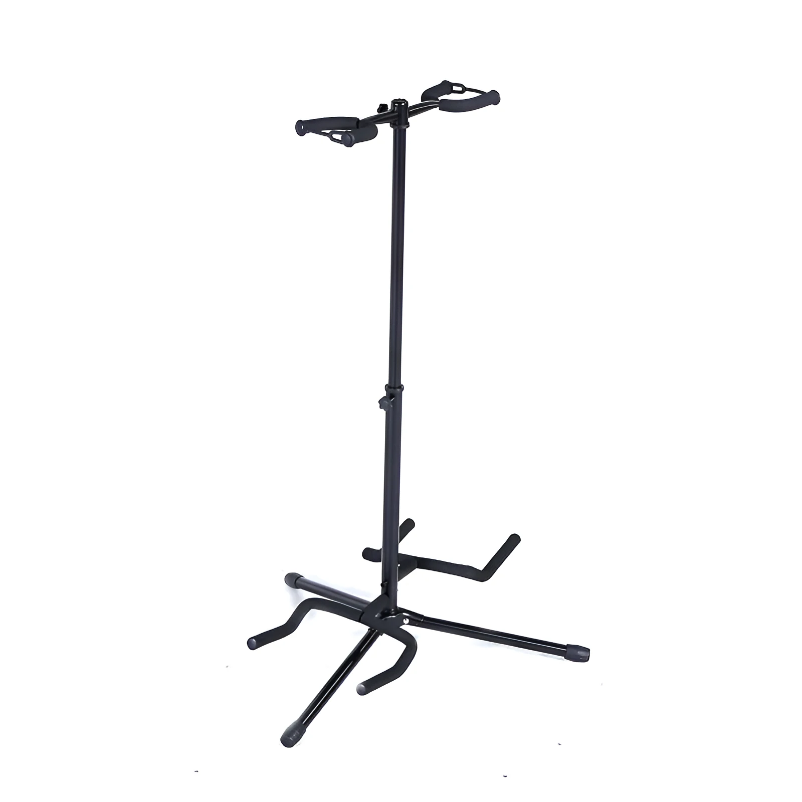 Black vertical double-headed adjustable guitar stand showing iron construction and height adjustment mechanism