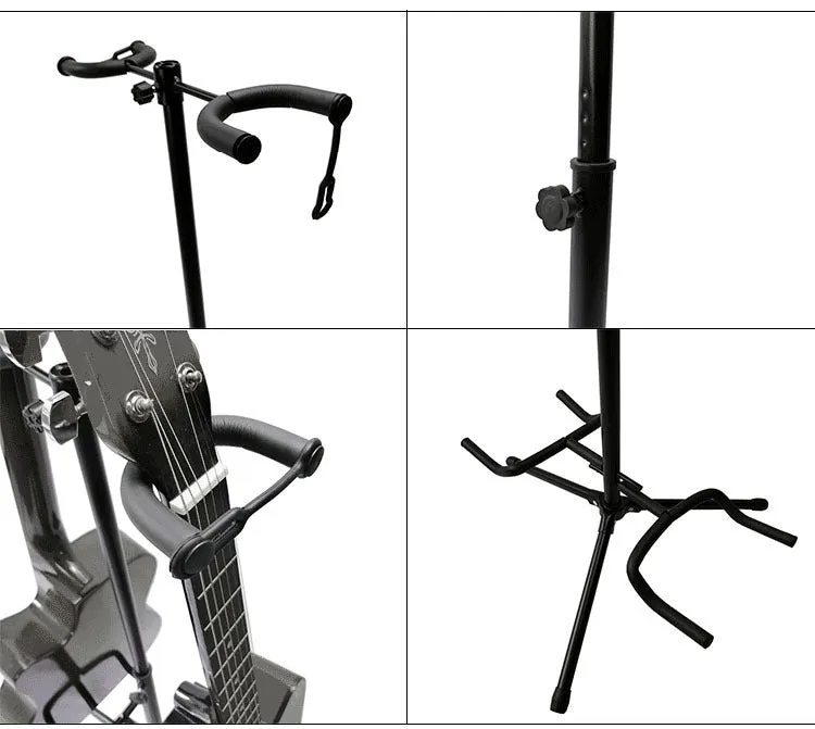 Black vertical double-headed adjustable guitar stand showing iron construction and height adjustment mechanism