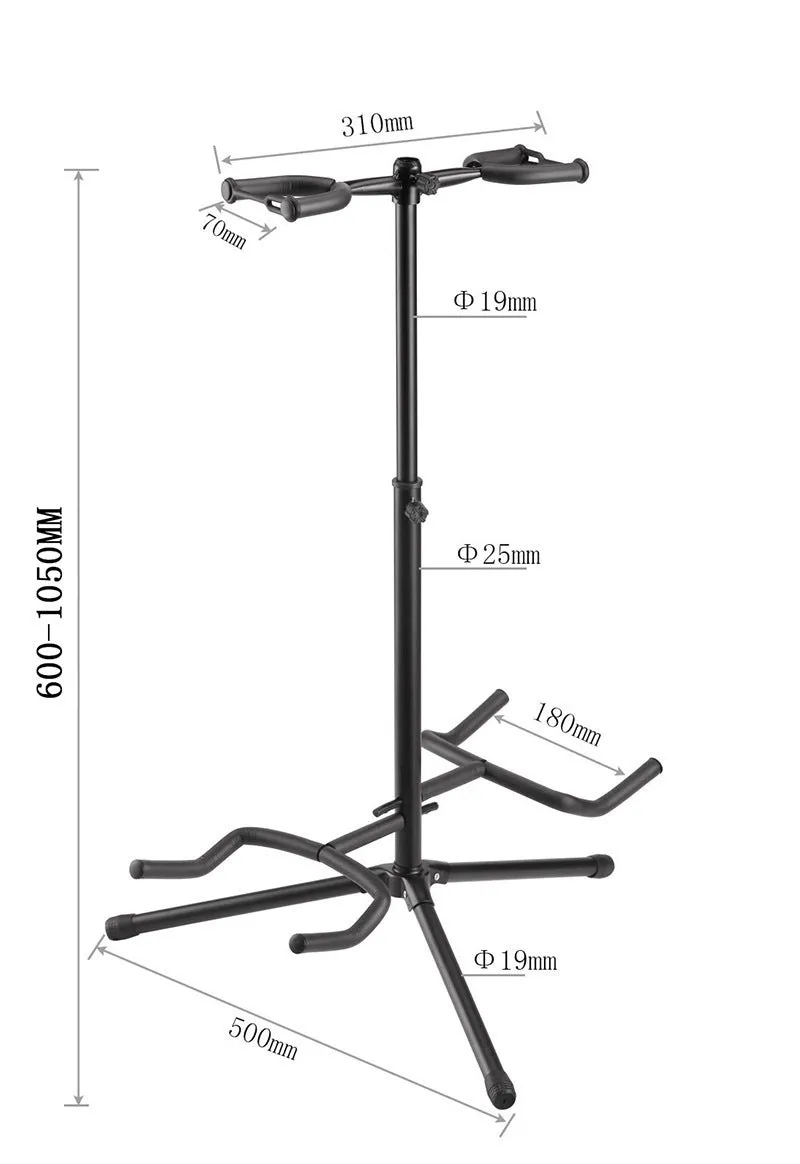 Black vertical double-headed adjustable guitar stand showing iron construction and height adjustment mechanism