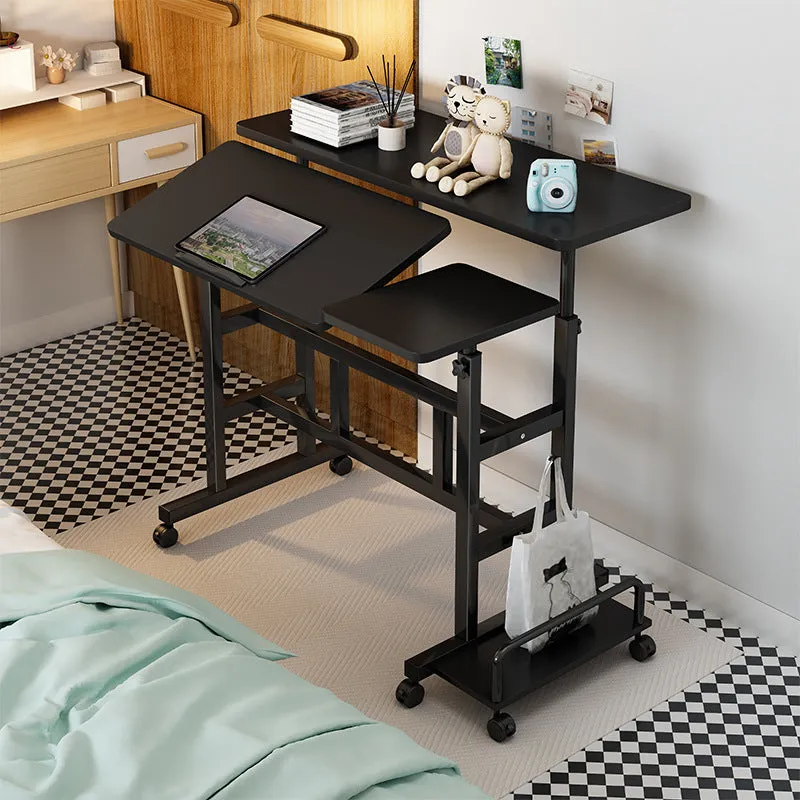 Mobile computer lifting foldable standing desk in walnut colour with plate material construction for bedroom or bedside use