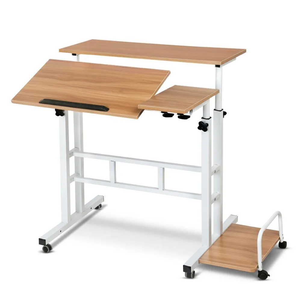 Mobile computer lifting foldable standing desk in walnut colour with plate material construction for bedroom or bedside use