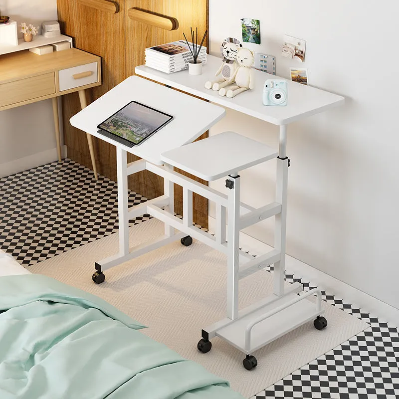 Mobile computer lifting foldable standing desk in walnut colour with plate material construction for bedroom or bedside use