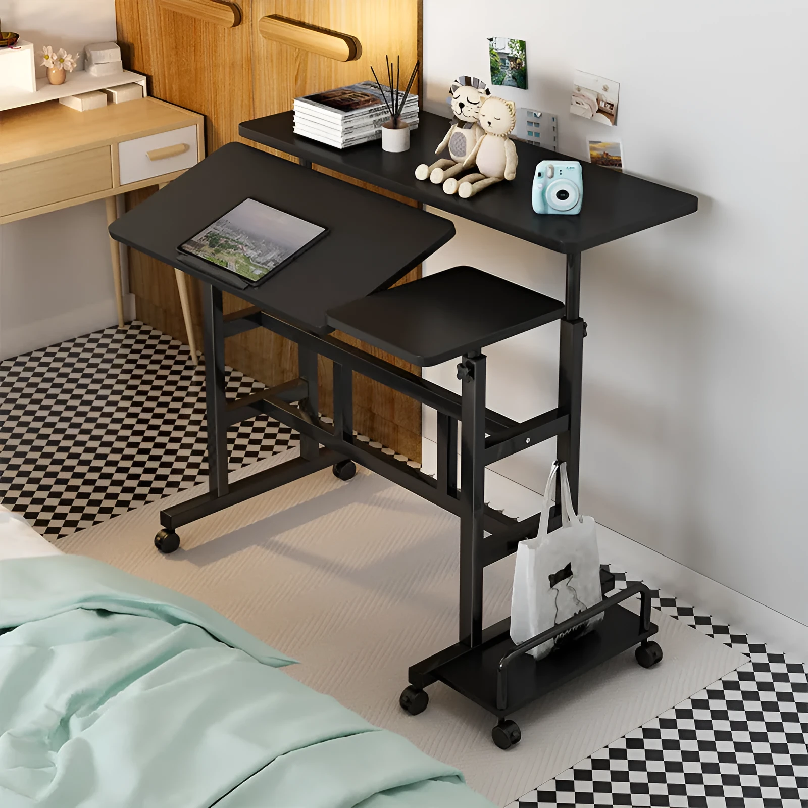 Mobile computer lifting foldable standing desk in walnut colour with plate material construction for bedroom or bedside use