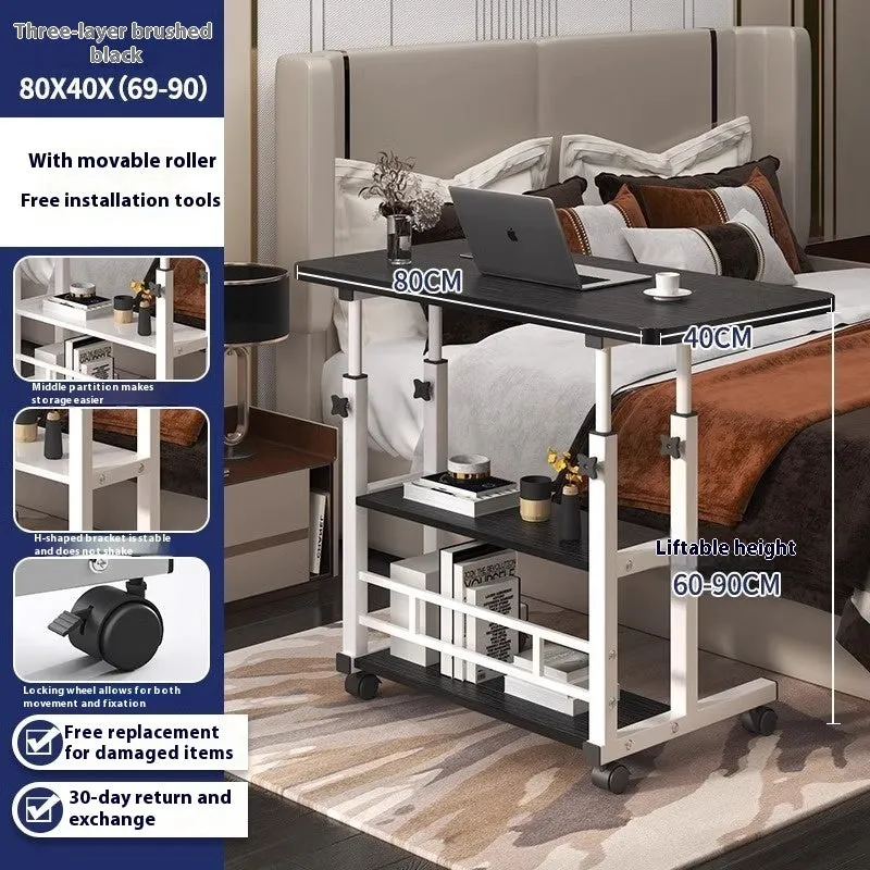 Mobile computer lifting foldable standing desk in walnut colour with plate material construction for bedroom or bedside use