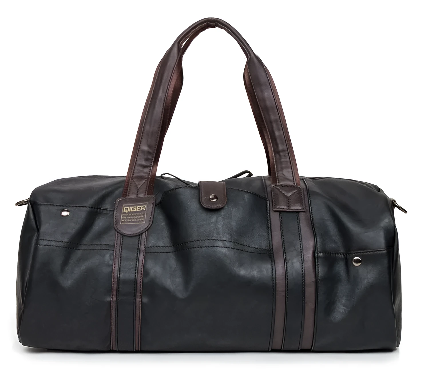 Portable cylinder leisure travel bag medium 36-55L PU leather blue black brown zipper closure soft handle