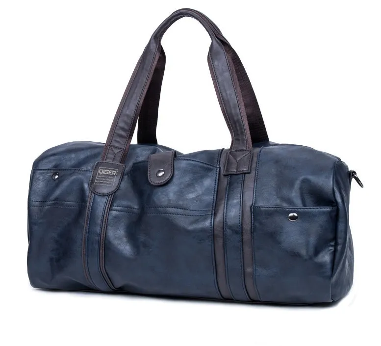 Portable cylinder leisure travel bag medium 36-55L PU leather blue black brown zipper closure soft handle