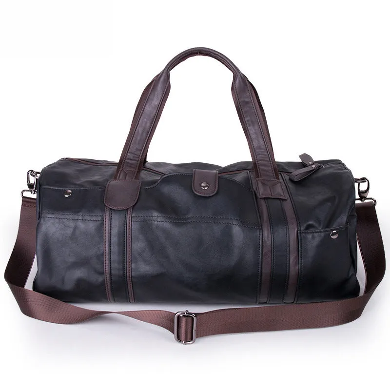 Portable cylinder leisure travel bag medium 36-55L PU leather blue black brown zipper closure soft handle