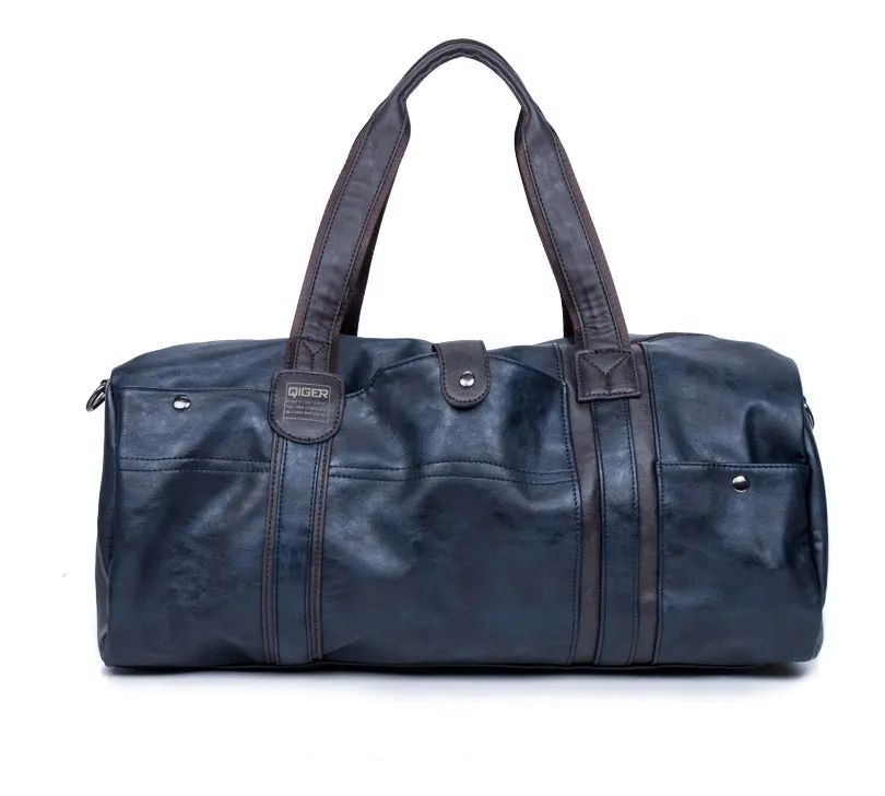 Portable cylinder leisure travel bag medium 36-55L PU leather blue black brown zipper closure soft handle