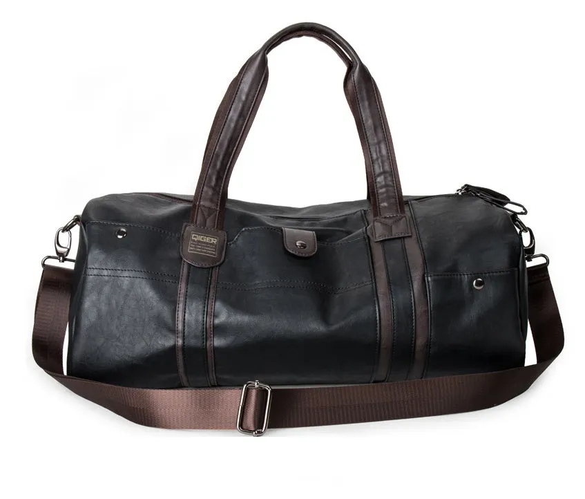 Portable cylinder leisure travel bag medium 36-55L PU leather blue black brown zipper closure soft handle