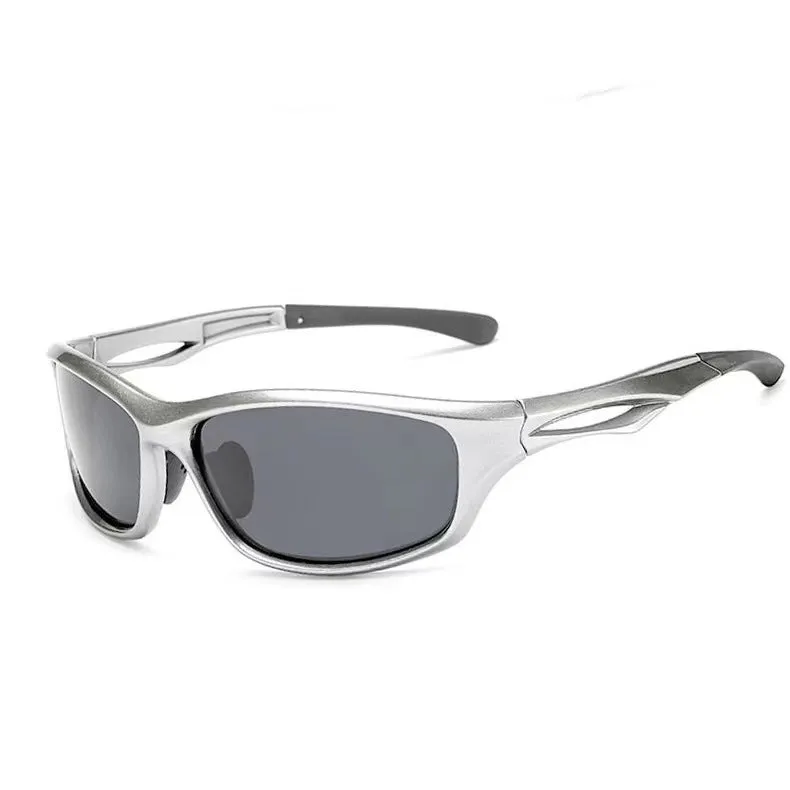 Men's unisex sports sunglasses with PC full rim frame in black and grey colour options on white background