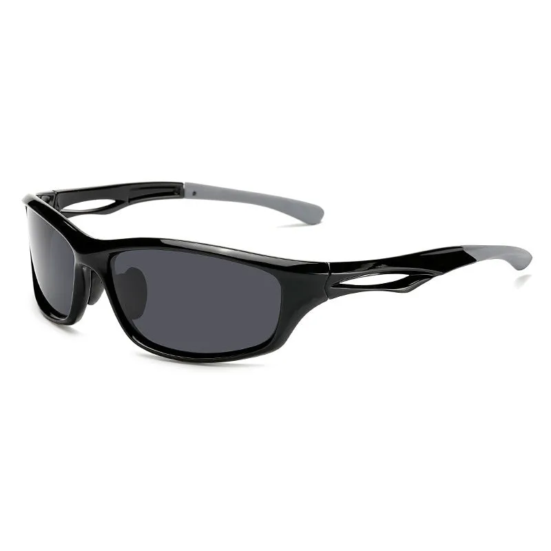 Men's unisex sports sunglasses with PC full rim frame in black and grey colour options on white background