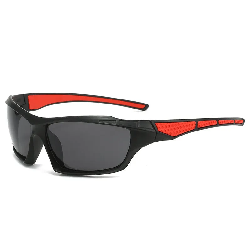 Men's unisex sports sunglasses with PC full rim frame in black and grey colour options on white background