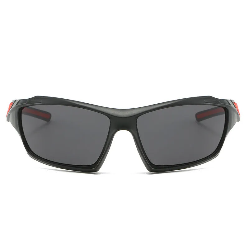 Men's unisex sports sunglasses with PC full rim frame in black and grey colour options on white background