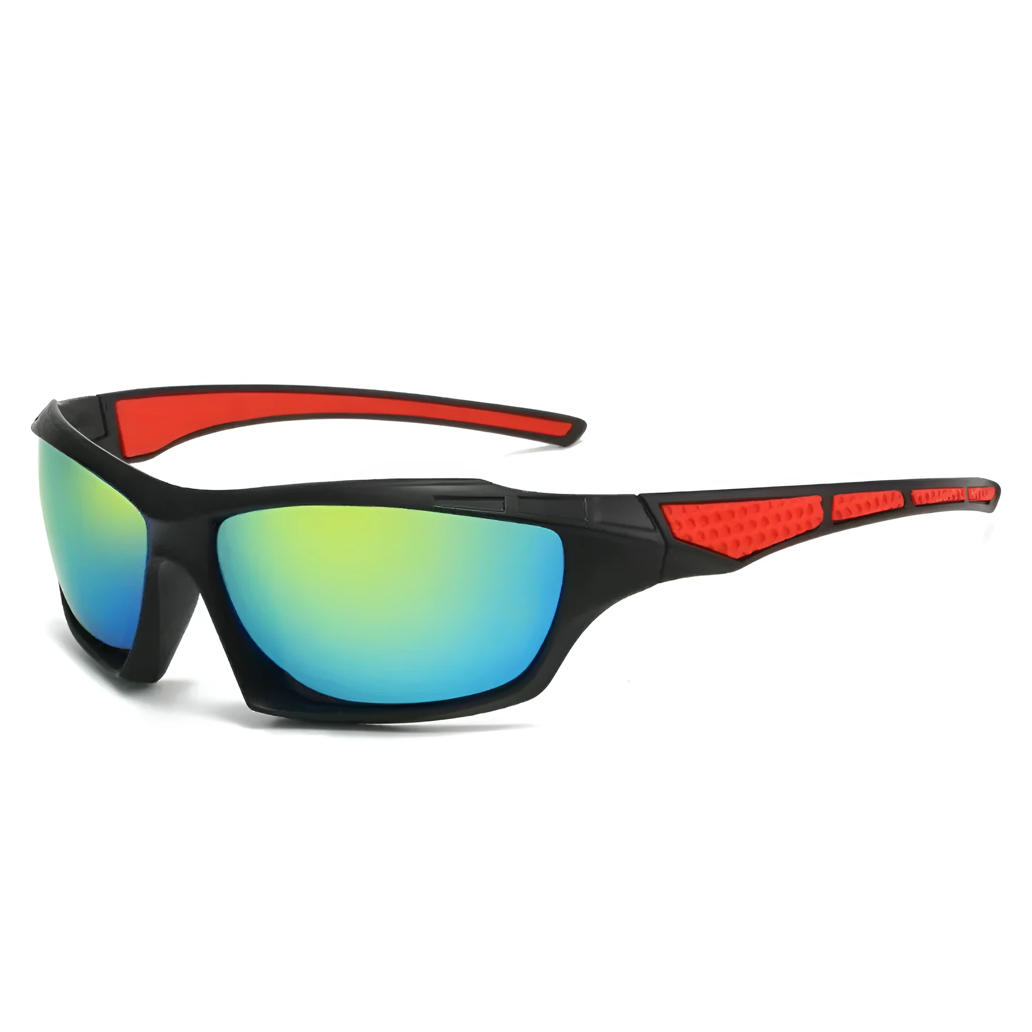 Men's unisex sports sunglasses with PC full rim frame in black and grey colour options on white background