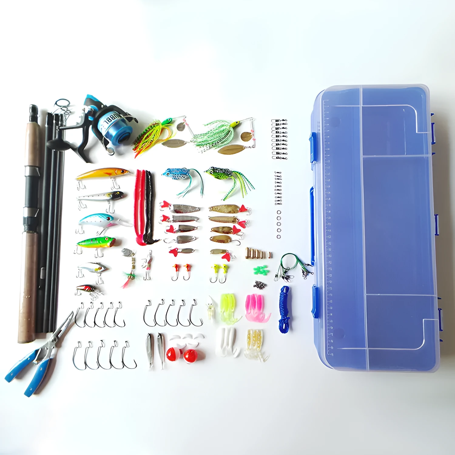Portable lure rod fishing lure box set in picture colour with rod, reel, baits, hooks, and pliers inside a 46x19x8cm case