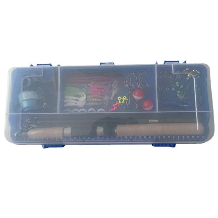 Portable lure rod fishing lure box set in picture colour with rod, reel, baits, hooks, and pliers inside a 46x19x8cm case